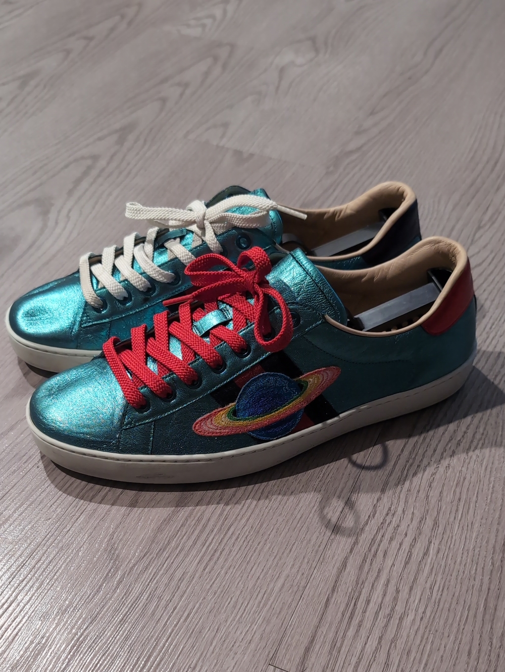 Mens Gucci Ace Metallic Teal Low-Top Sneakers Saturn Patch (Fits 11) - Picture 2 of 7